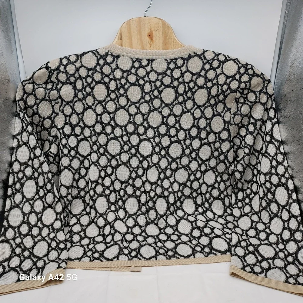Ming Wang Knit Jacket Womens PXL Black Beige Circle‎ Pattern Open Front Cardigan